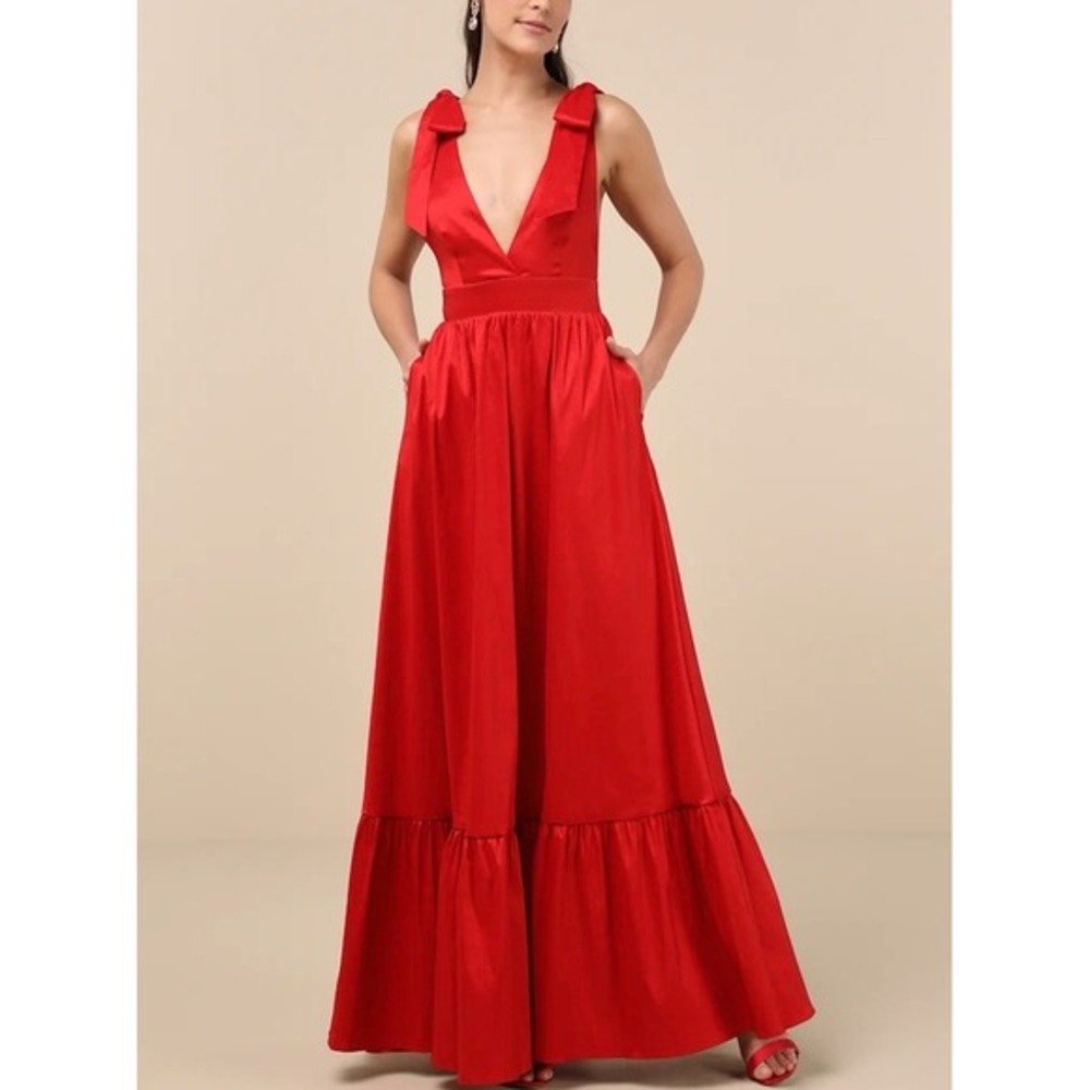 NWT Lulus Rare Charm Red Taffeta Tie-Strap Maxi Dress Plunging V-Neck  Pockets L